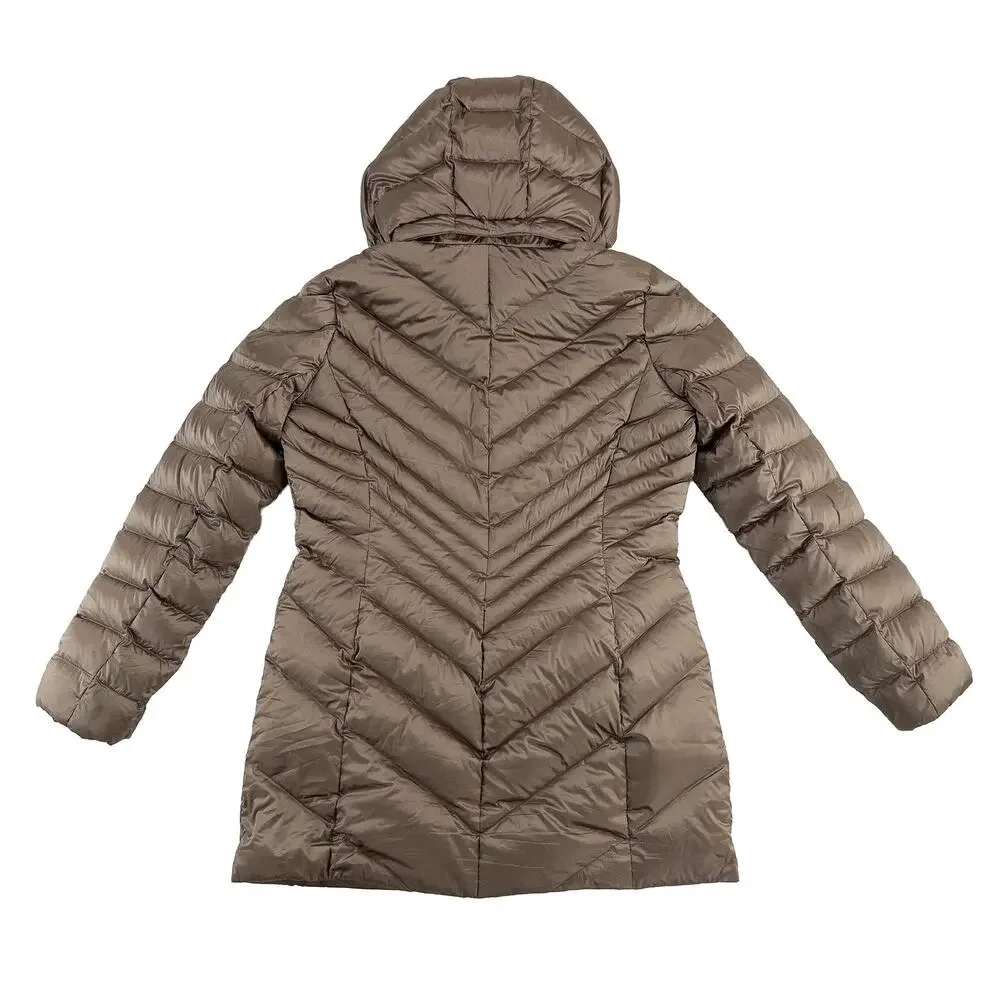 Lands’ End Wanderweight Down Coat Women S Brown Packable Hooded Mid Length